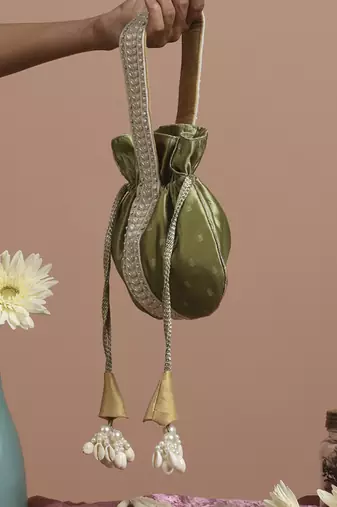 Green pure silk brocade potli bag
