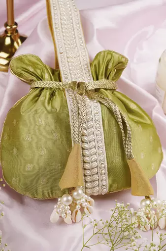 Green pure silk brocade potli bag