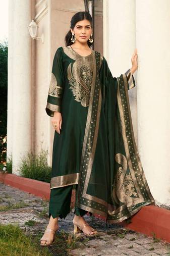 Green jacquard pure silk unstitched straight pant style