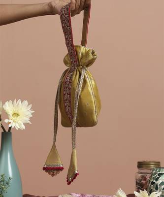Magenta and pista pure silk potli bag 2