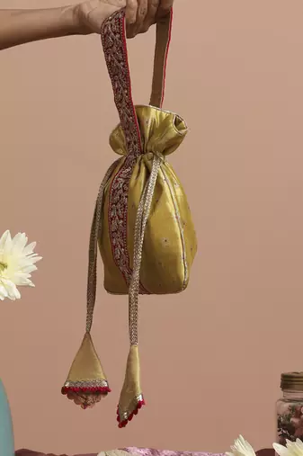 Magenta and pista pure silk potli bag
