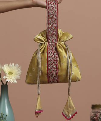 Magenta and pista pure silk potli bag 3