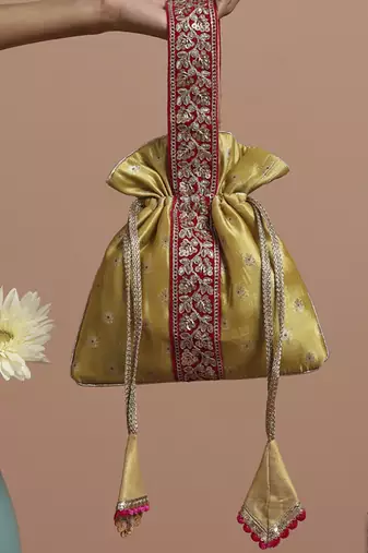 Magenta and pista pure silk potli bag