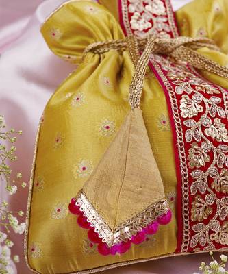 Magenta and pista pure silk potli bag 4