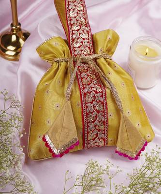 Magenta and pista pure silk potli bag 5