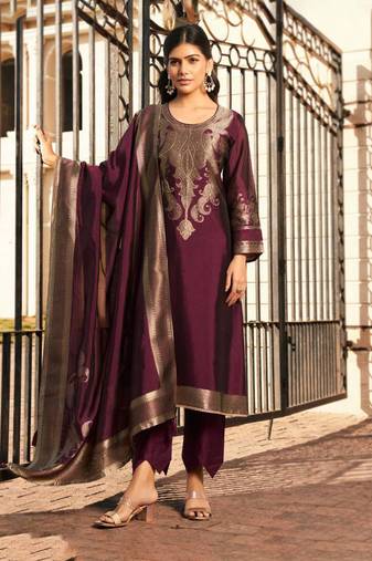 Wine jacquard pure silk unstitched straight pant style
