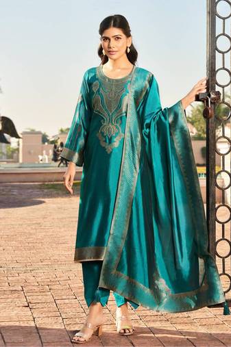 Turquoise jacquard pure silk unstitched straight pant style
