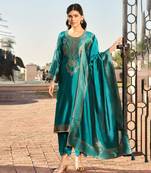 Turquoise jacquard pure silk unstitched straight pant style