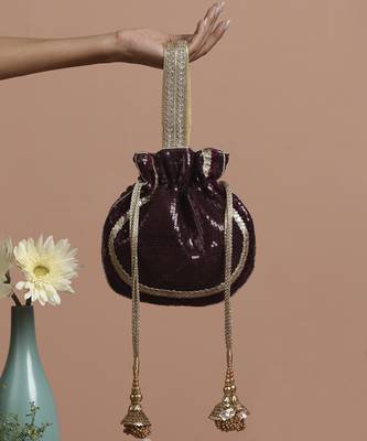 Wine and gold georgette sequin potli bag 1