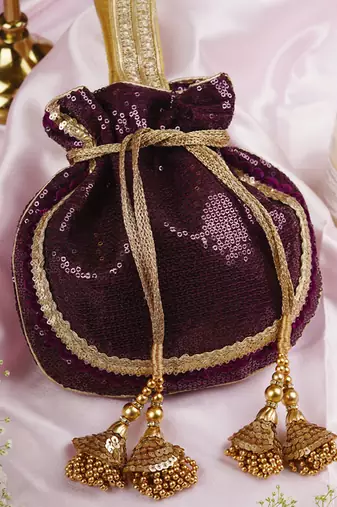 Wine and gold georgette sequin potli bag