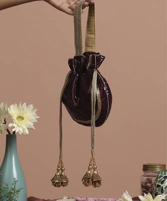 Wine and gold georgette sequin potli bag 3