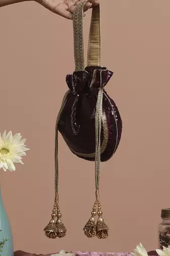 Wine and gold georgette sequin potli bag