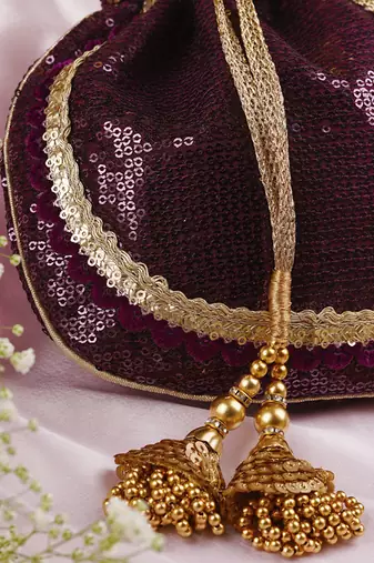 Wine and gold georgette sequin potli bag