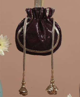 Wine and gold georgette sequin potli bag 5