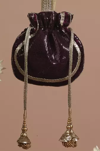 Wine and gold georgette sequin potli bag