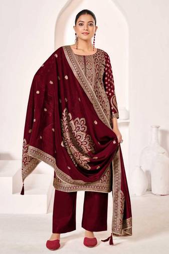 Maroon jacquard pure silk unstitched straight pant style