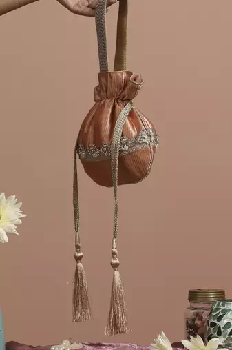 Peach pure silk potli bag