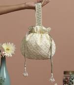 Yellow pure chinon with cutdana potli bag