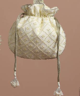 Yellow pure chinon with cutdana potli bag 2
