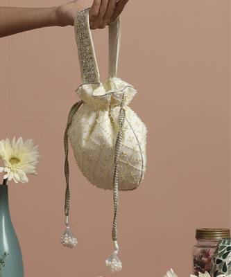 Yellow pure chinon with cutdana potli bag 3