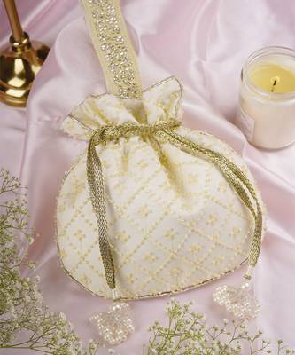 Yellow pure chinon with cutdana potli bag 4
