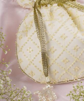 Yellow pure chinon with cutdana potli bag 5