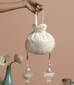 White georgette with gold sequin potli bag