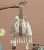 White georgette with gold sequin potli bag