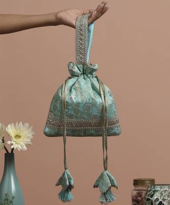 Mint silk brocade potli bag 1