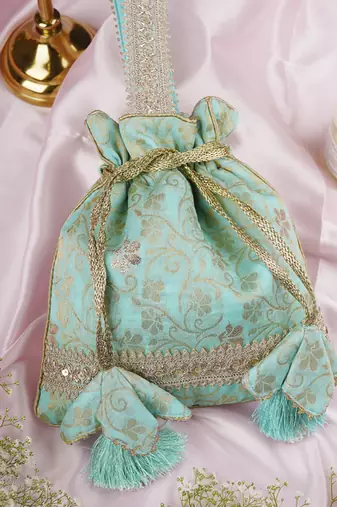 Mint silk brocade potli bag