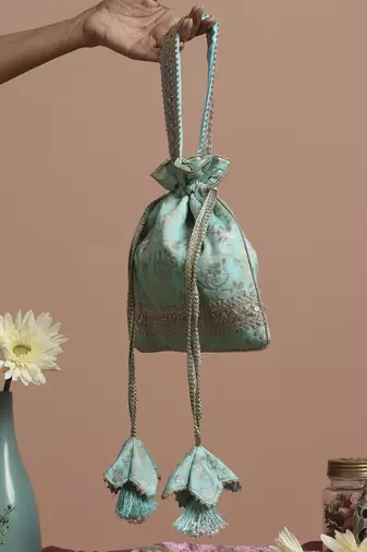 Mint silk brocade potli bag