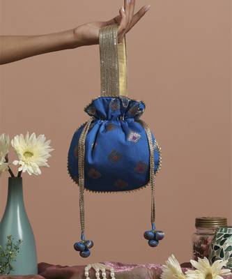 Blue and gold brocade potli bag 1