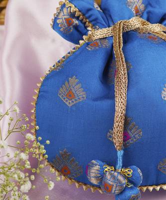 Blue and gold brocade potli bag 2