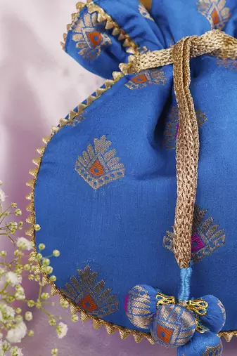 Blue and gold brocade potli bag