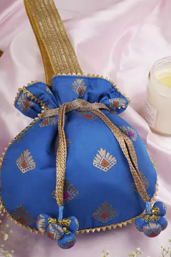 Blue and gold brocade potli bag