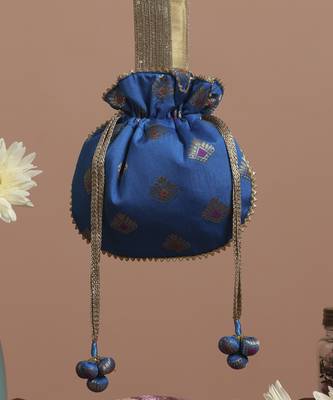 Blue and gold brocade potli bag 4