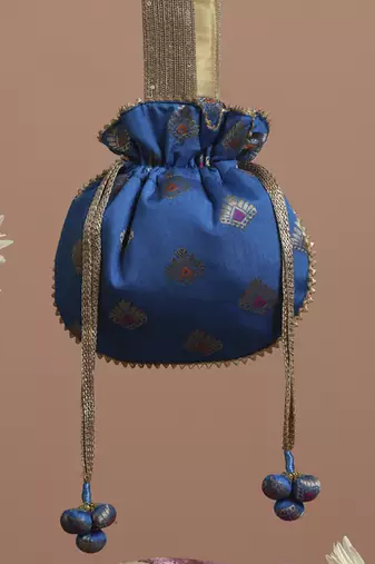 Blue and gold brocade potli bag