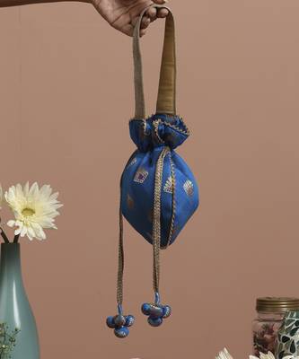 Blue and gold brocade potli bag 5