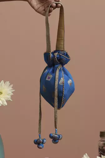Blue and gold brocade potli bag