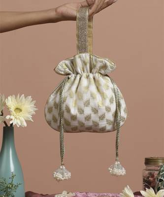 Gold and white chanderi potli bag 1