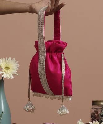 Magenta and white silk potli bag 1