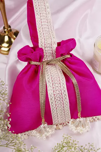 Magenta and white silk potli bag