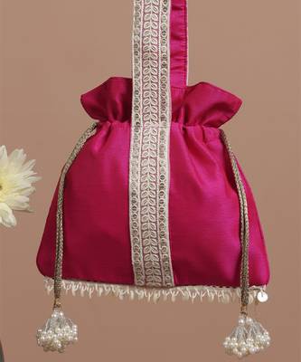 Magenta and white silk potli bag 4