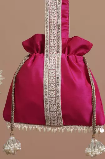 Magenta and white silk potli bag