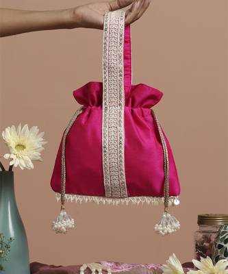 Magenta and white silk potli bag 5