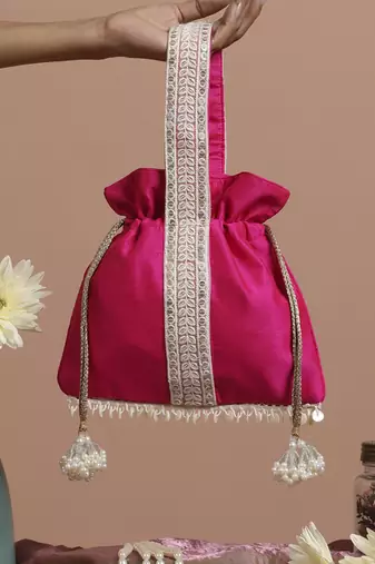 Magenta and white silk potli bag