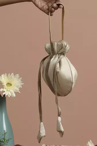 Cream and gold buti silk potli bag