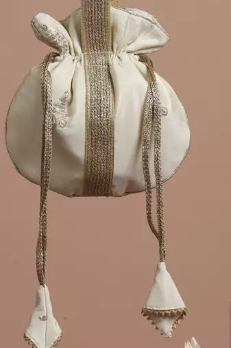Cream and gold buti silk potli bag