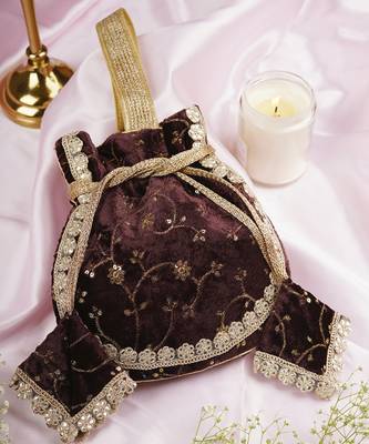 Brown velvet with embroidery potli bag 1
