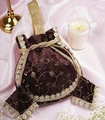 Brown velvet with embroidery potli bag